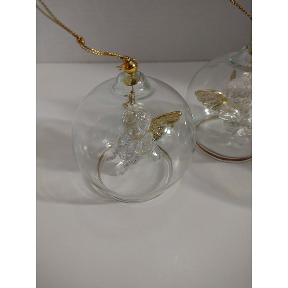 (3) Vintage Clear Glass Round Globe Dangle Angel Christmas Ornament Golden Wings - Picture 2 of 9